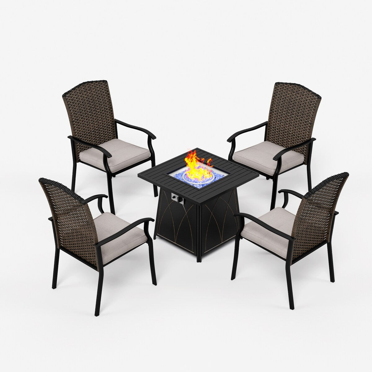 5 Pieces Patio Dining Sets with Fire Pit Table, 4 Rattan Chairs and 1 Progane Firepits Table