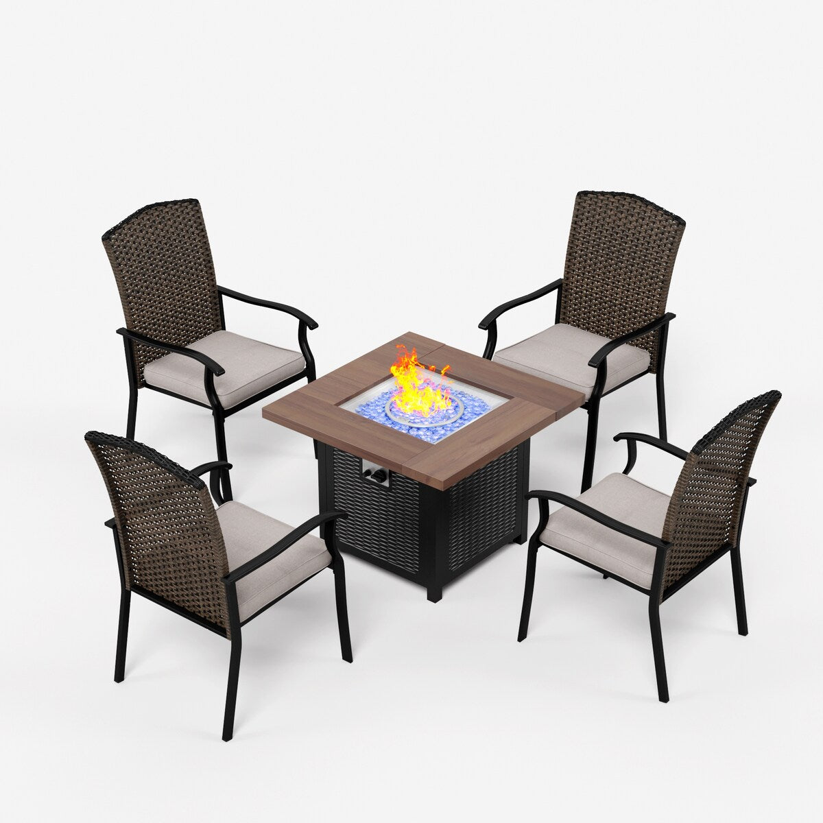 5 Pieces Patio Dining Sets with Fire Pit Table, 4 Rattan Chairs and 1 Progane Firepits Table