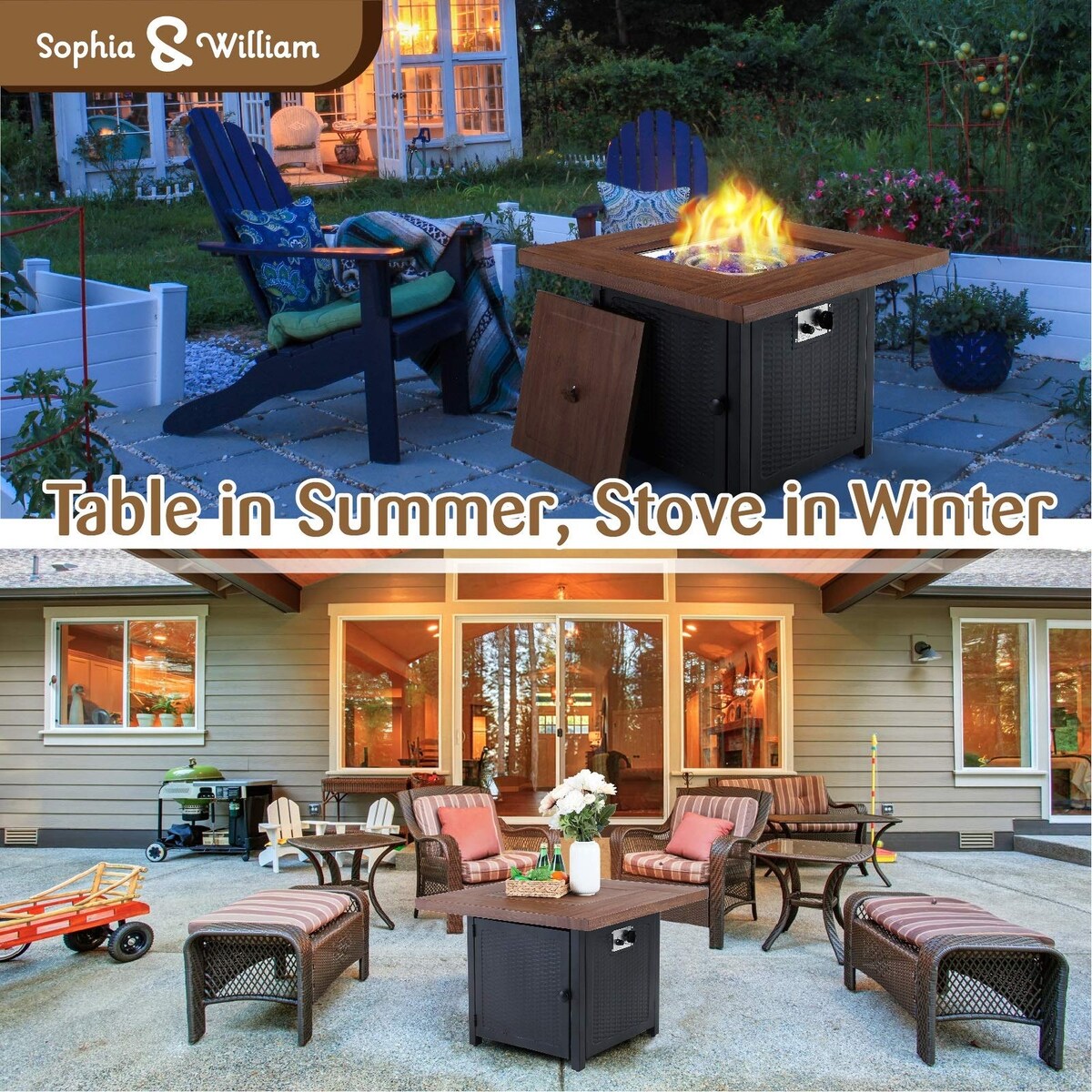 5 Pieces Patio Dining Sets with Fire Pit Table, 4 Rattan Chairs and 1 Progane Firepits Table