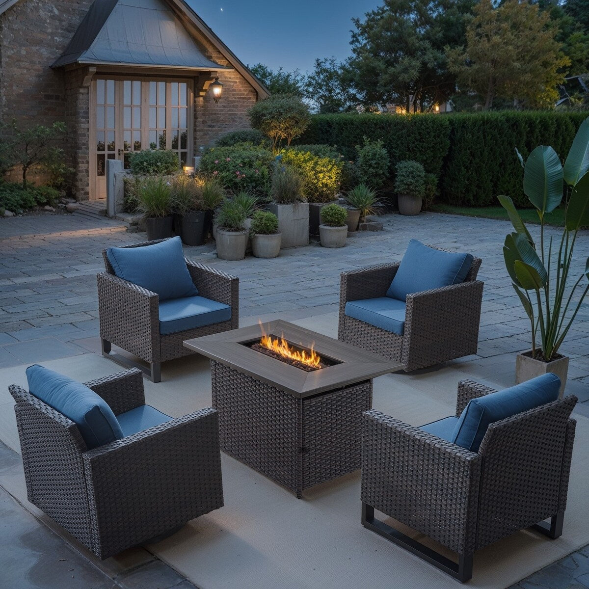 5 Pieces Patio Wicker with Propane Fire Pit Table