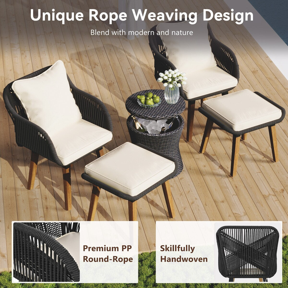 5 Pieces Rattan Patio Sofa Chair Sets with Pop-Up Cool Bar Table