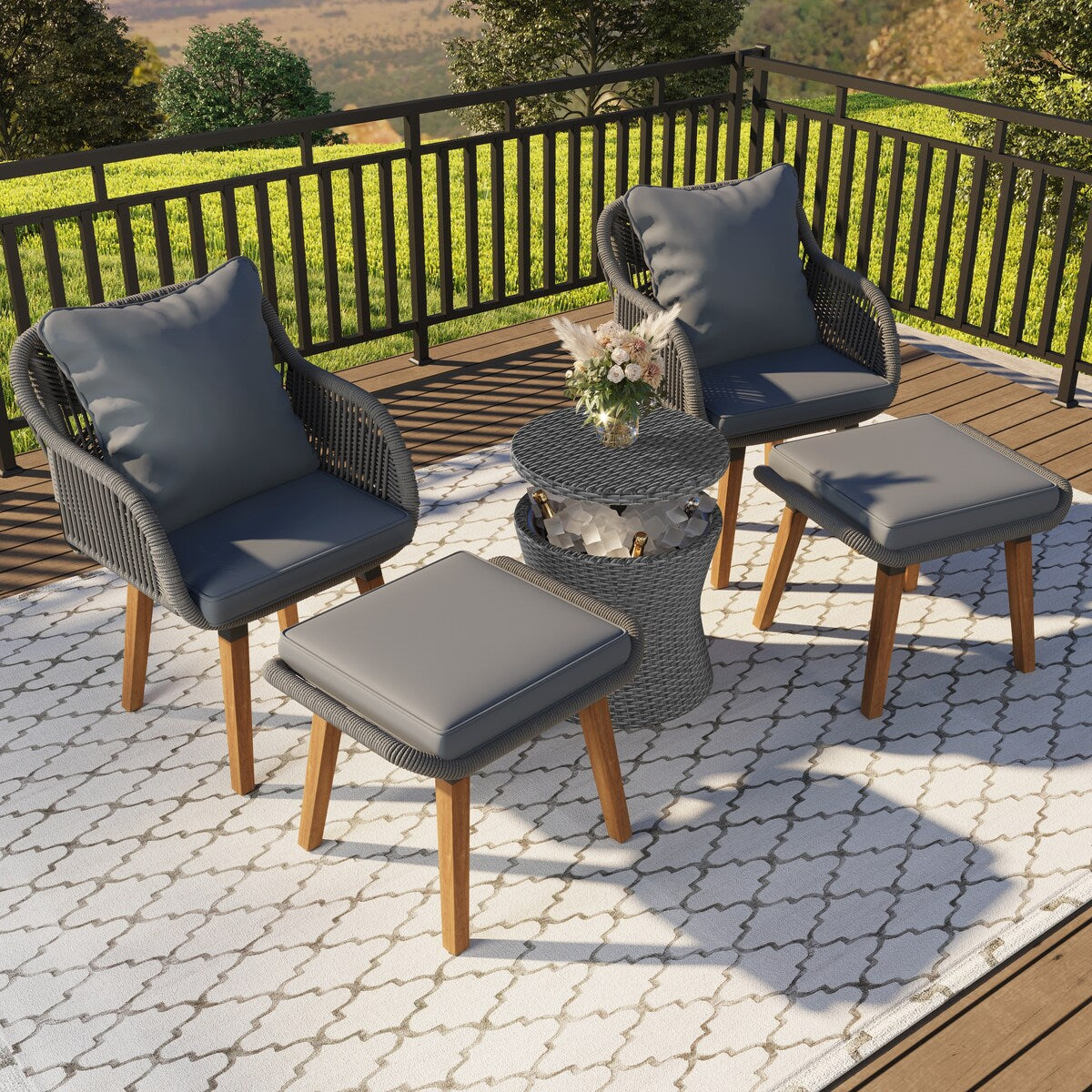 5 Pieces Rattan Patio Sofa Chair Sets with Pop-Up Cool Bar Table