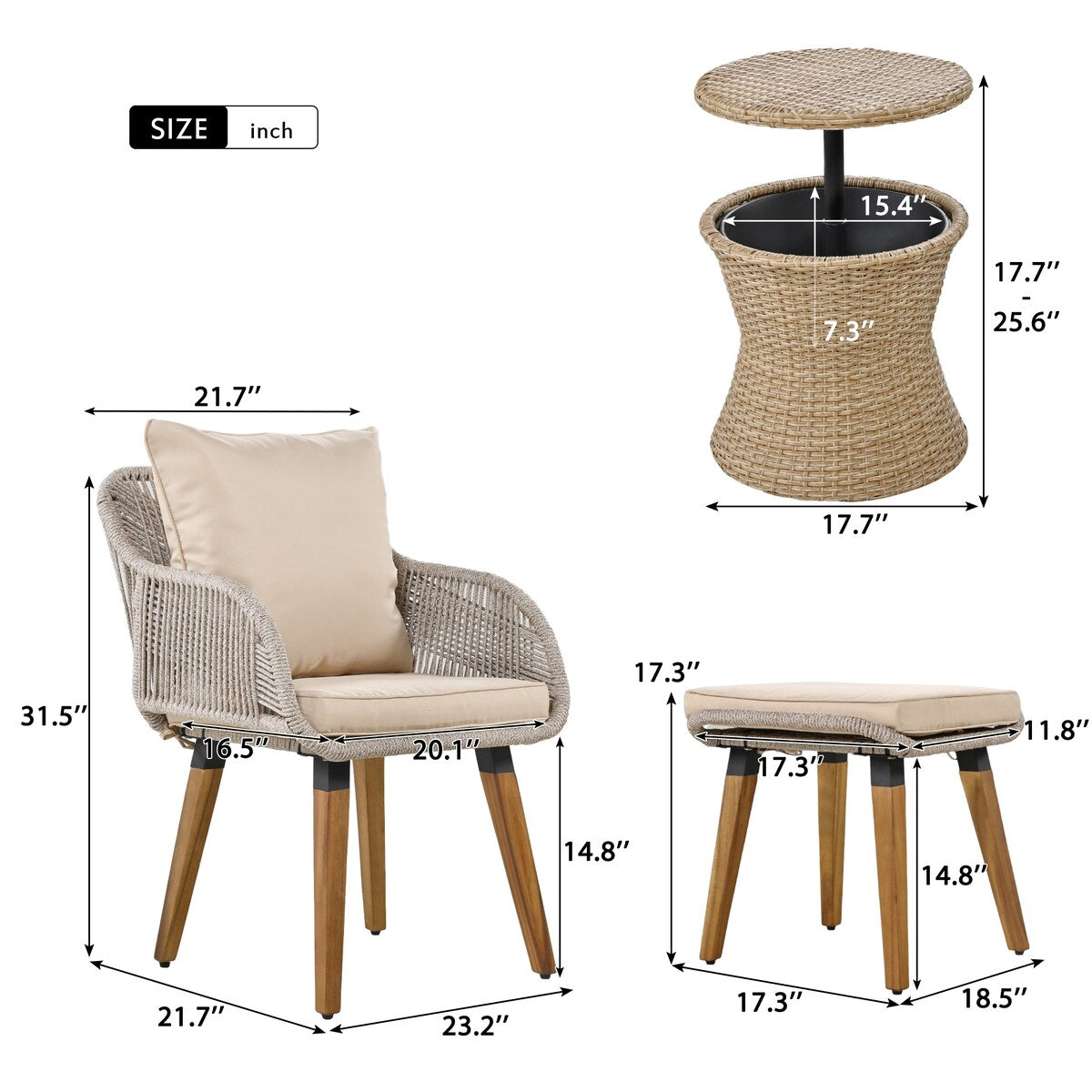 5 Pieces Rattan Patio Sofa Chair Sets with Pop-Up Cool Bar Table