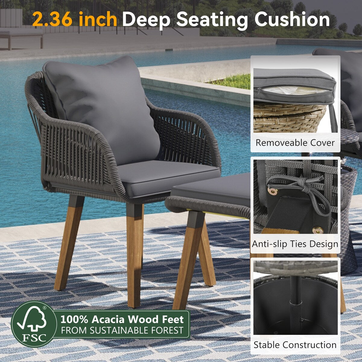 5 Pieces Rattan Patio Sofa Chair Sets with Pop-Up Cool Bar Table