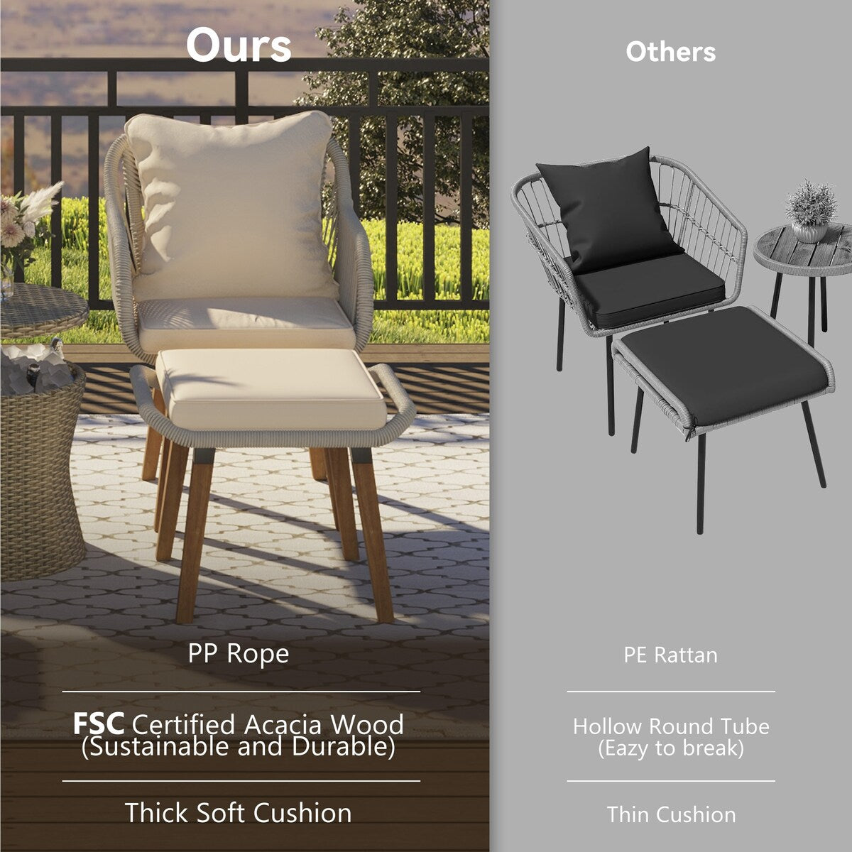 5 Pieces Rattan Patio Sofa Chair Sets with Pop-Up Cool Bar Table