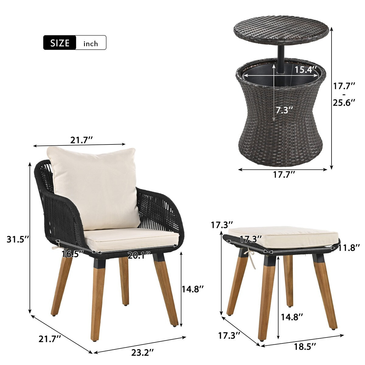 5 Pieces Rattan Patio Sofa Chair Sets with Pop-Up Cool Bar Table