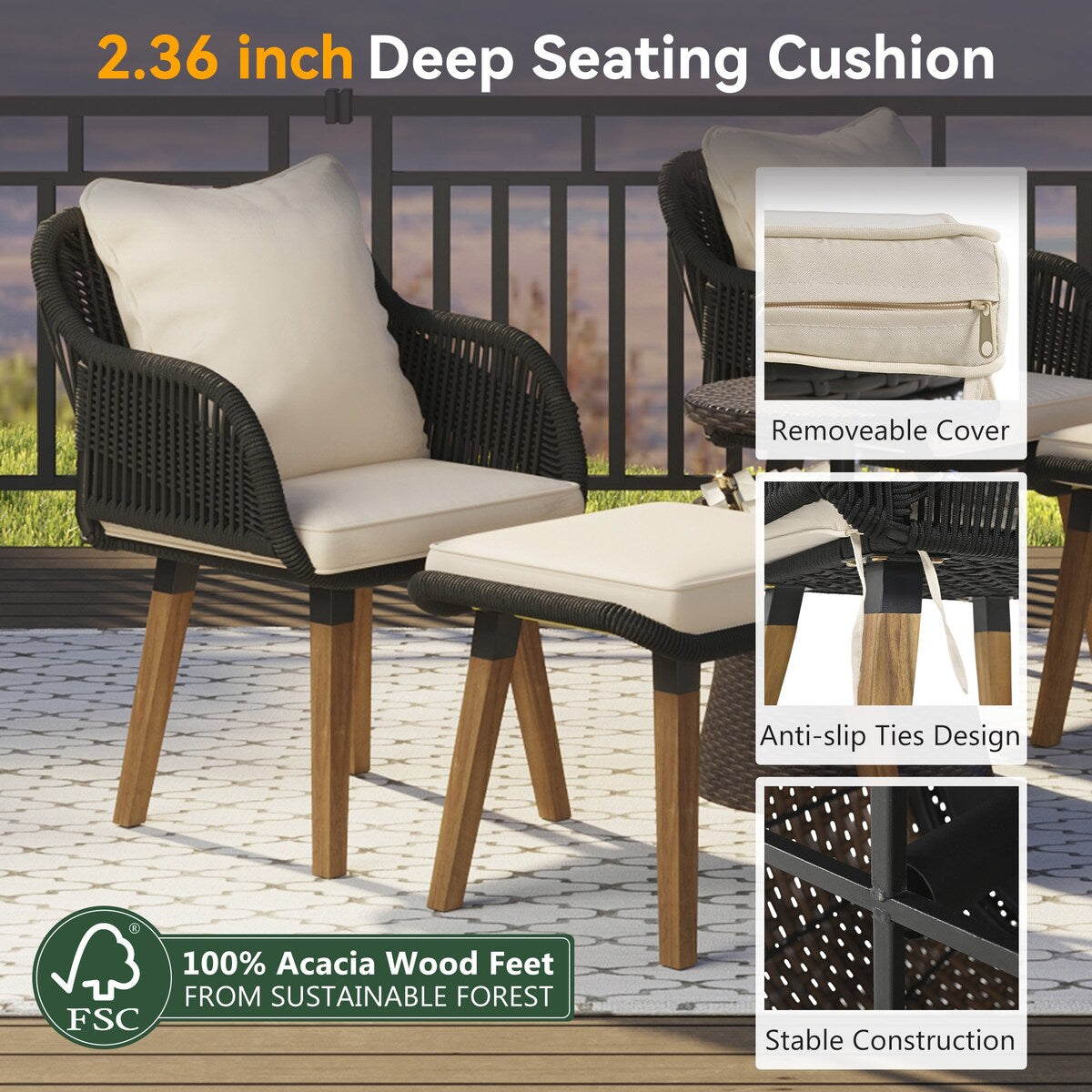 5 Pieces Rattan Patio Sofa Chair Sets with Pop-Up Cool Bar Table