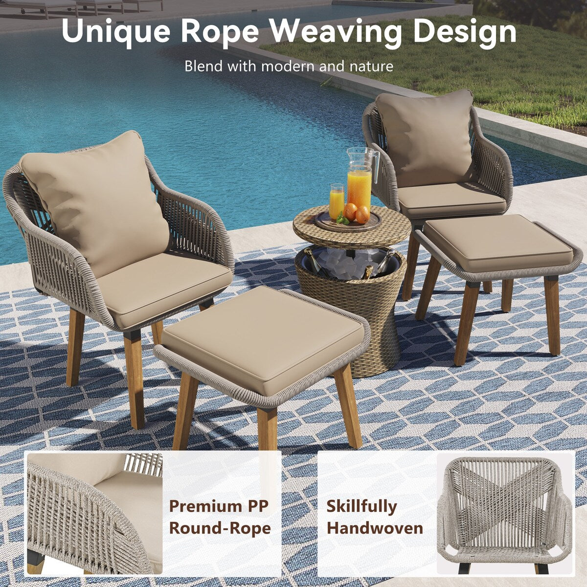 5 Pieces Rattan Patio Sofa Chair Sets with Pop-Up Cool Bar Table