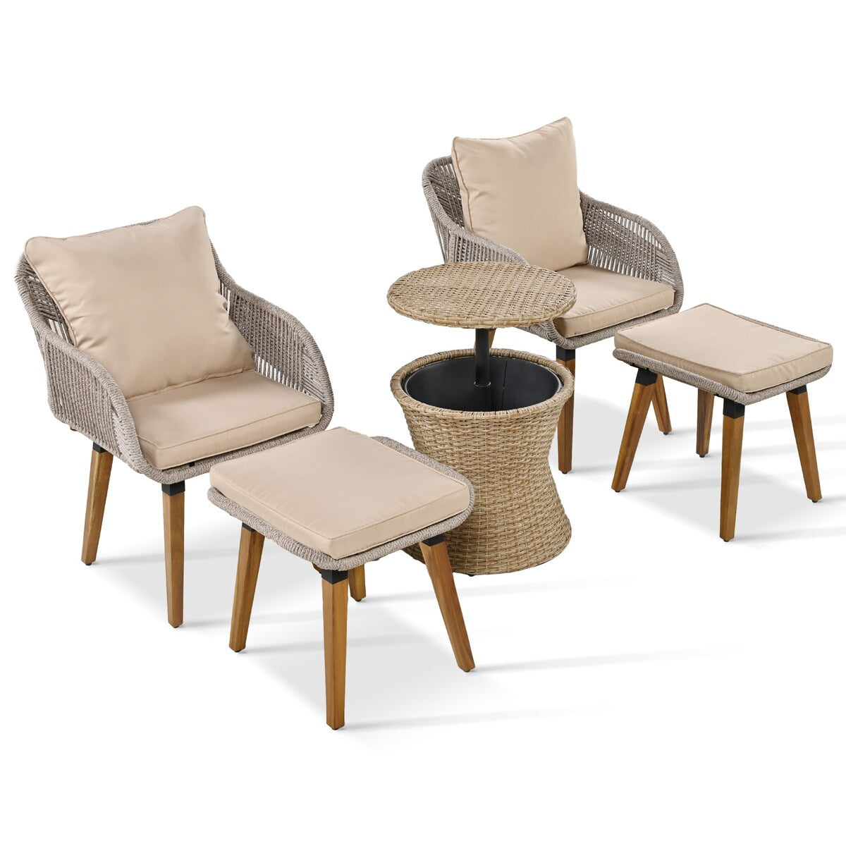5 Pieces Rattan Patio Sofa Chair Sets with Pop-Up Cool Bar Table