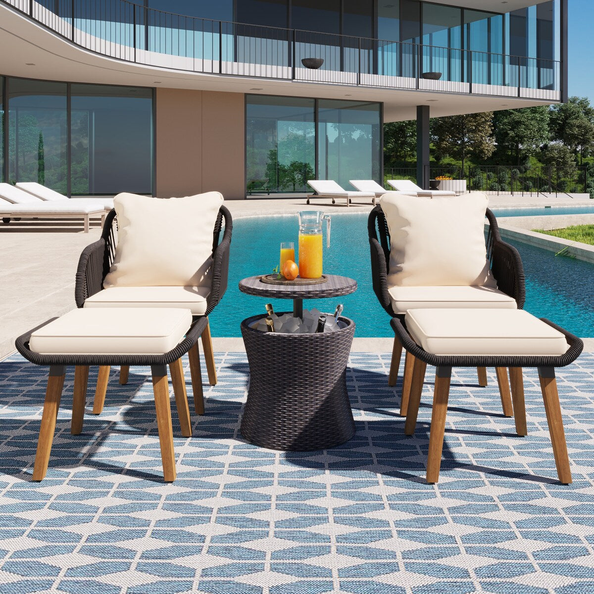 5 Pieces Rattan Patio Sofa Chair Sets with Pop-Up Cool Bar Table