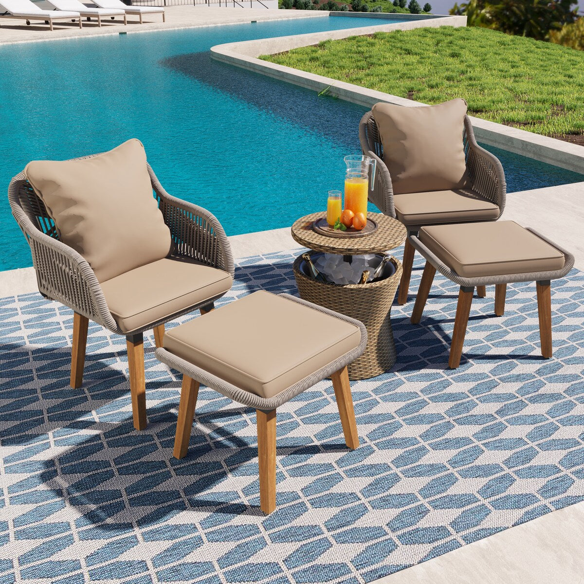 5 Pieces Rattan Patio Sofa Chair Sets with Pop-Up Cool Bar Table