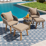 5 Pieces Rattan Patio Sofa Chair Sets with Pop-Up Cool Bar Table