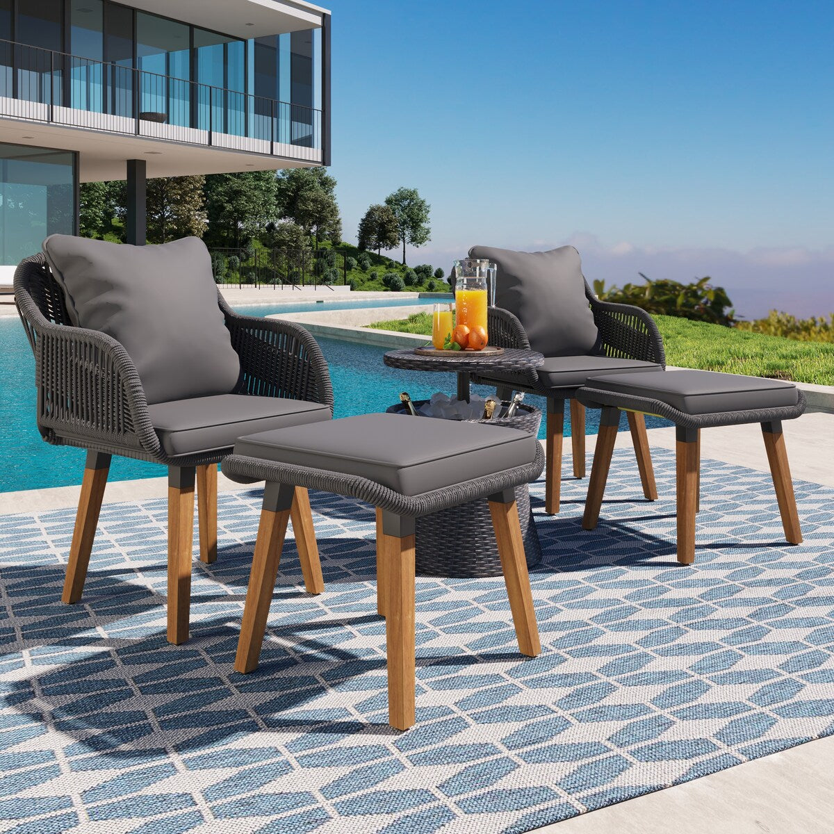 5 Pieces Rattan Patio Sofa Chair Sets with Pop-Up Cool Bar Table
