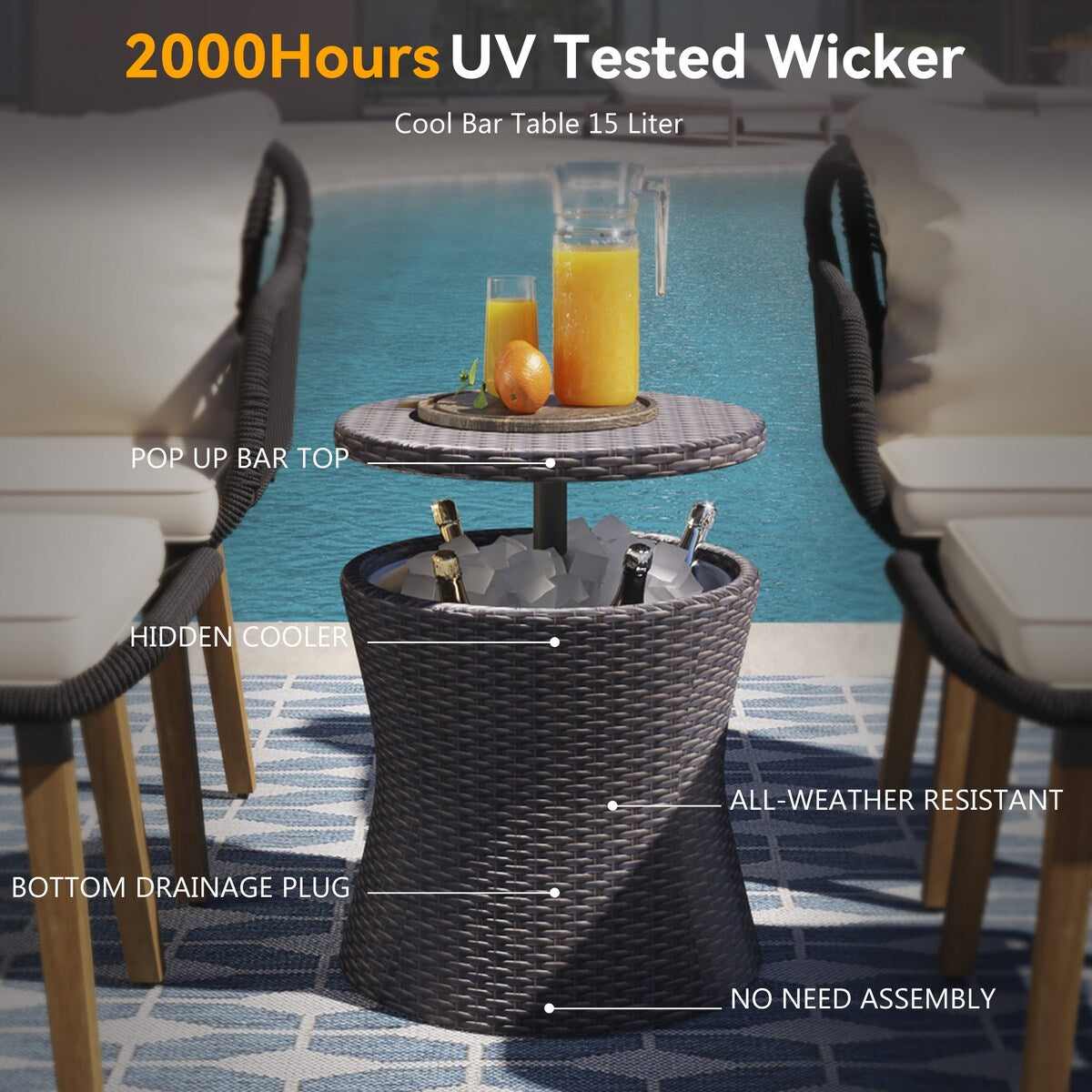 5 Pieces Rattan Patio Sofa Chair Sets with Pop-Up Cool Bar Table