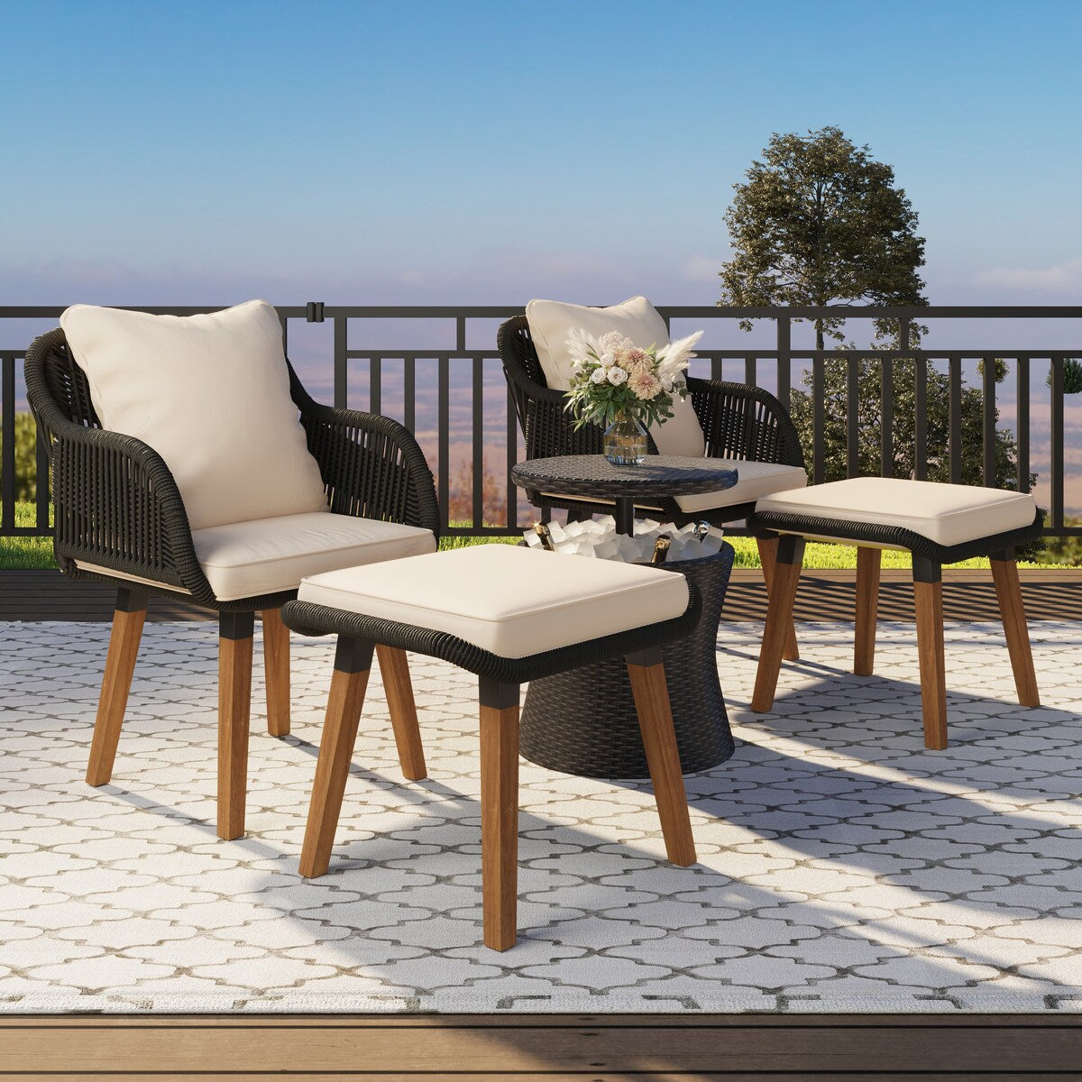 5 Pieces Rattan Patio Sofa Chair Sets with Pop-Up Cool Bar Table