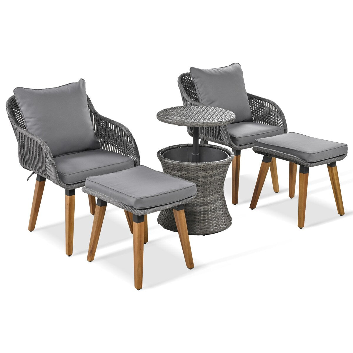 5 Pieces Rattan Patio Sofa Chair Sets with Pop-Up Cool Bar Table