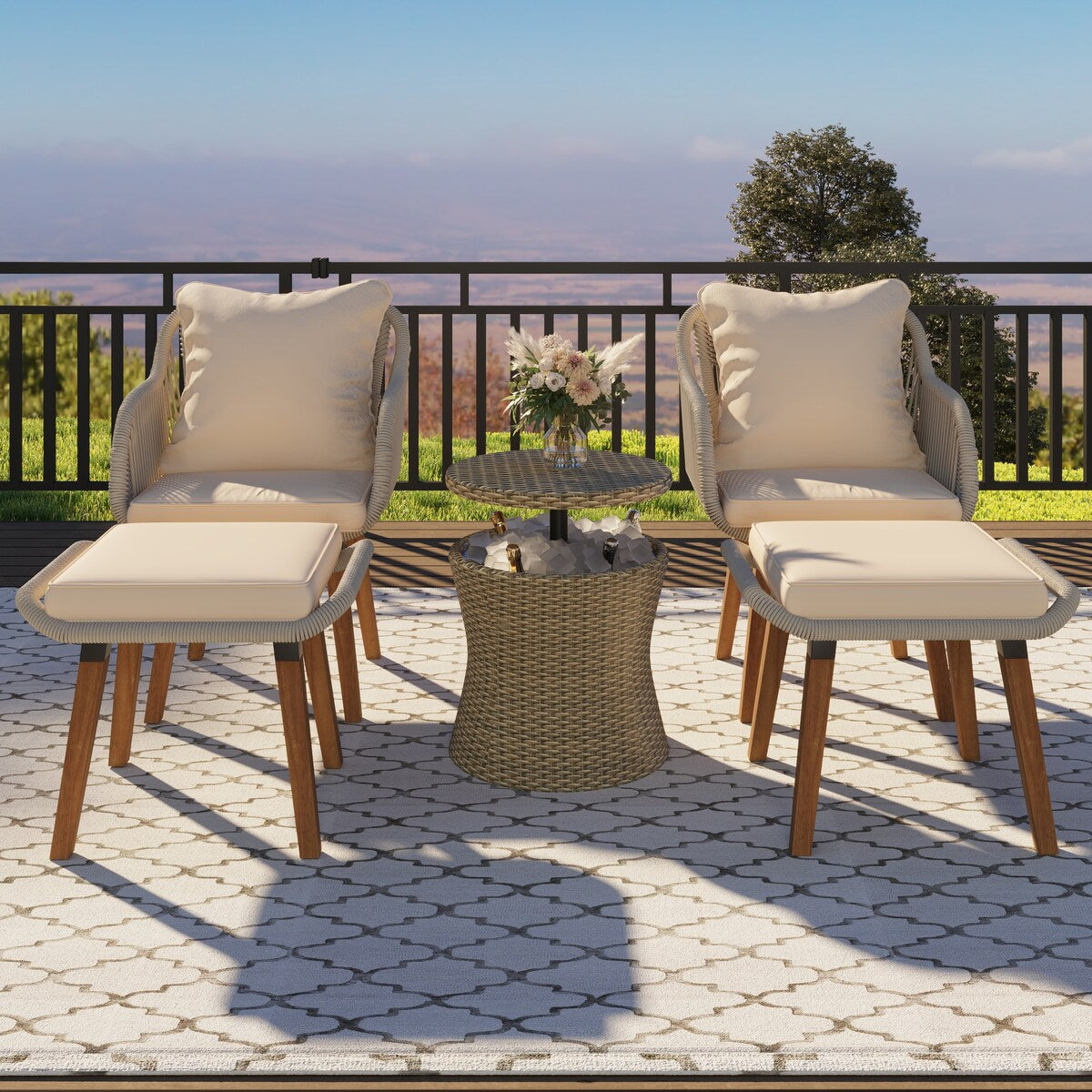 5 Pieces Rattan Patio Sofa Chair Sets with Pop-Up Cool Bar Table