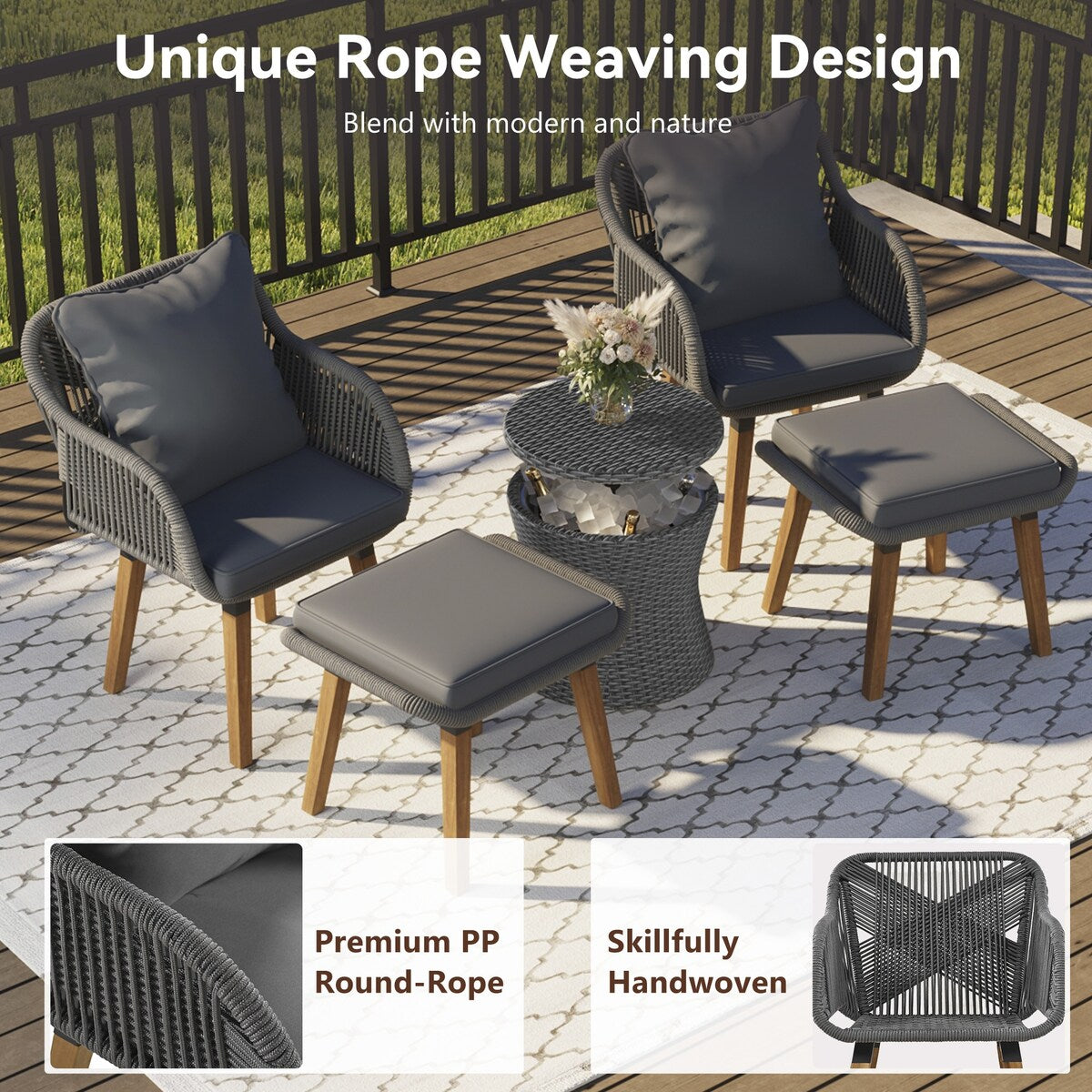 5 Pieces Rattan Patio Sofa Chair Sets with Pop-Up Cool Bar Table