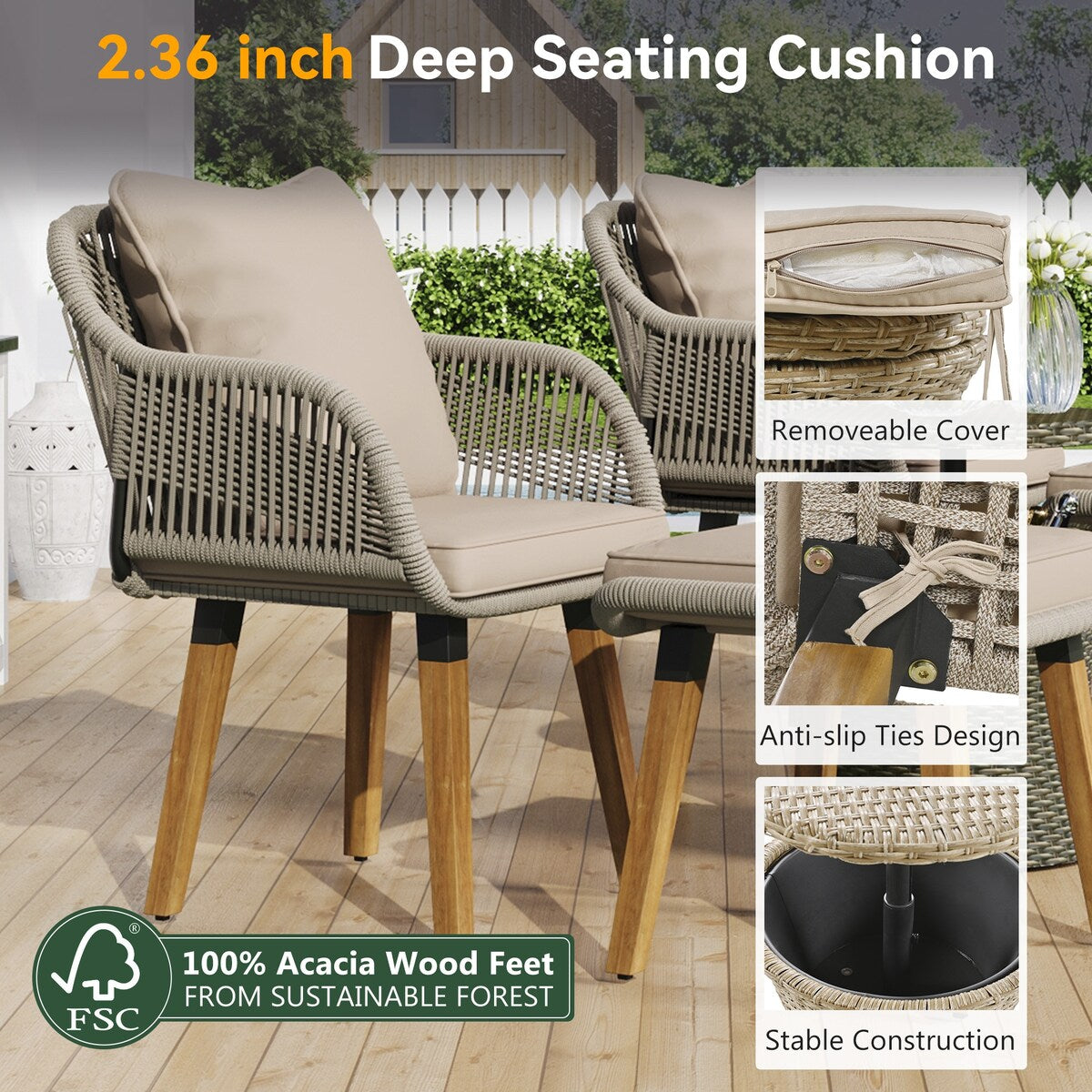 5 Pieces Rattan Patio Sofa Chair Sets with Pop-Up Cool Bar Table