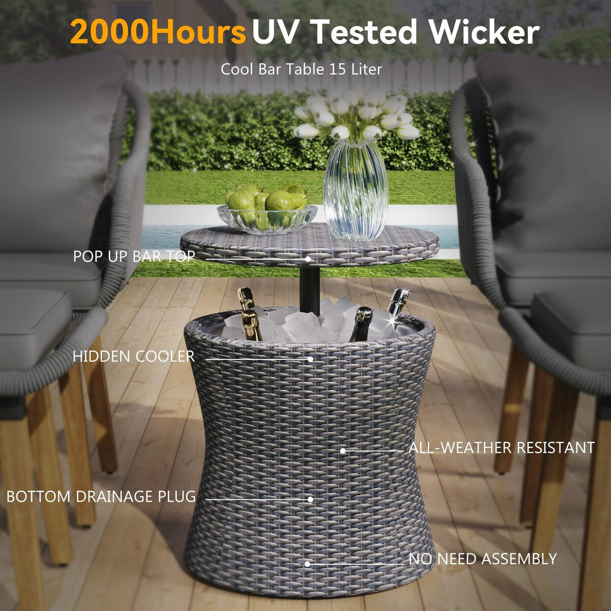 5 Pieces Rattan Patio Sofa Chair Sets with Pop-Up Cool Bar Table