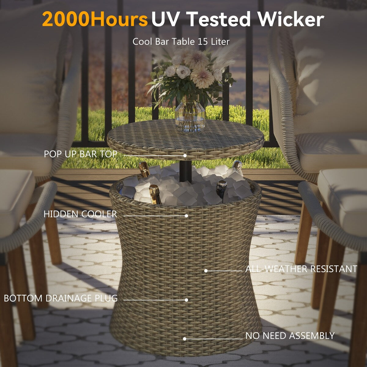 5 Pieces Rattan Patio Sofa Chair Sets with Pop-Up Cool Bar Table