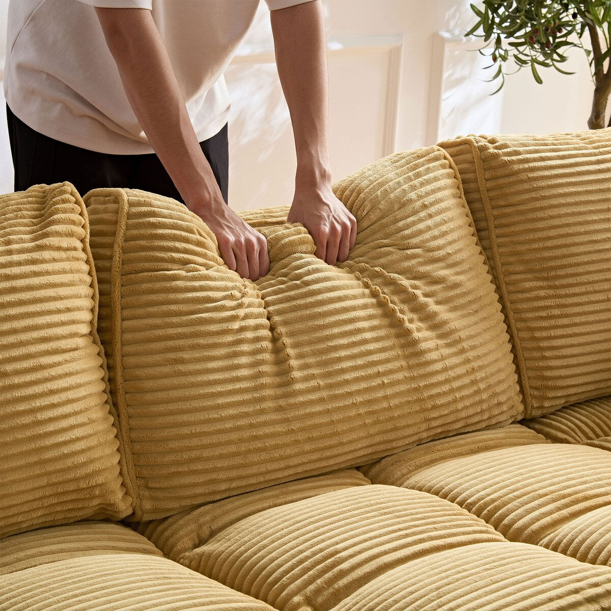 5 Seats Oversized Sectional Sofa L Shaped Corner Couch Corduroy Upholstery Convertible Sleeper Sofa&Couch, Yellow