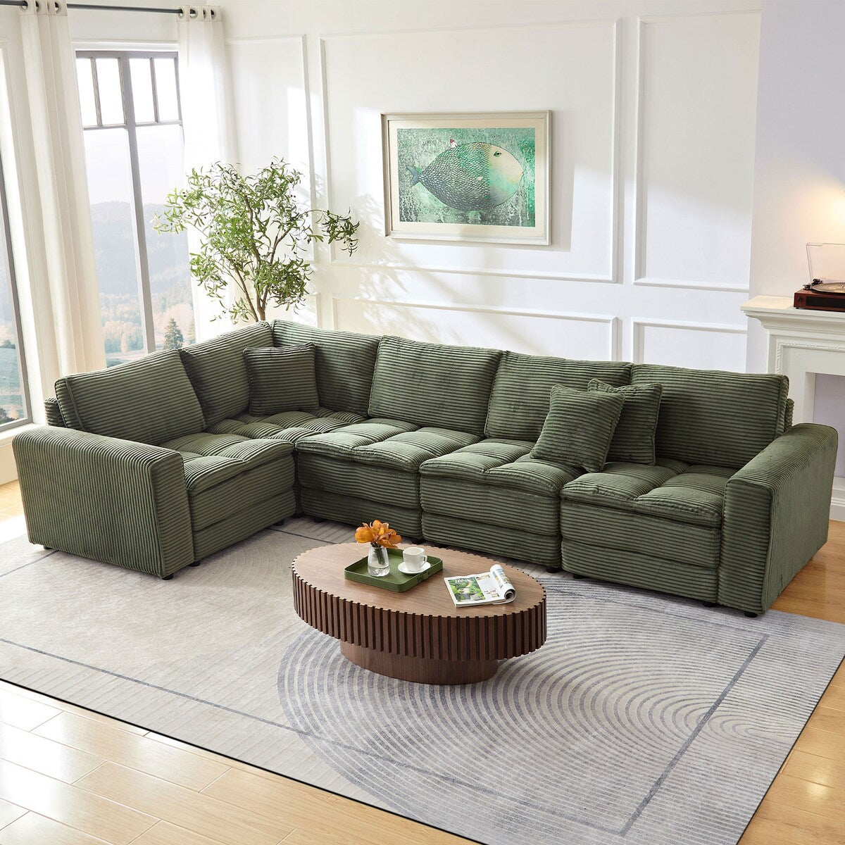 5 Seats Oversized Sectional Sofa L Shaped Corner Couch Corduroy Upholstery Convertible Sleeper Sofa&Couch, Yellow