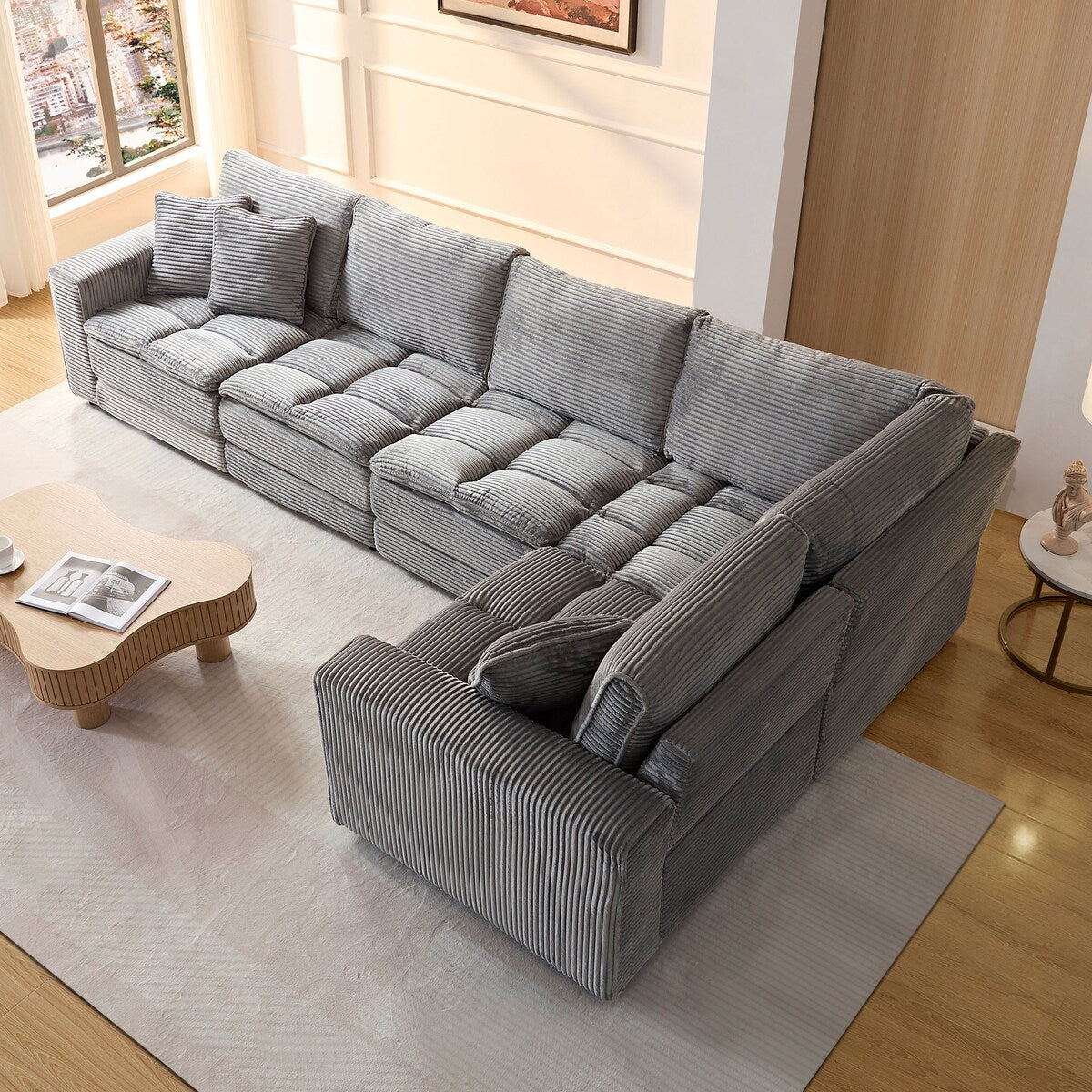 5 Seats Oversized Sectional Sofa L Shaped Corner Couch Corduroy Upholstery Convertible Sleeper Sofa&Couch, Yellow