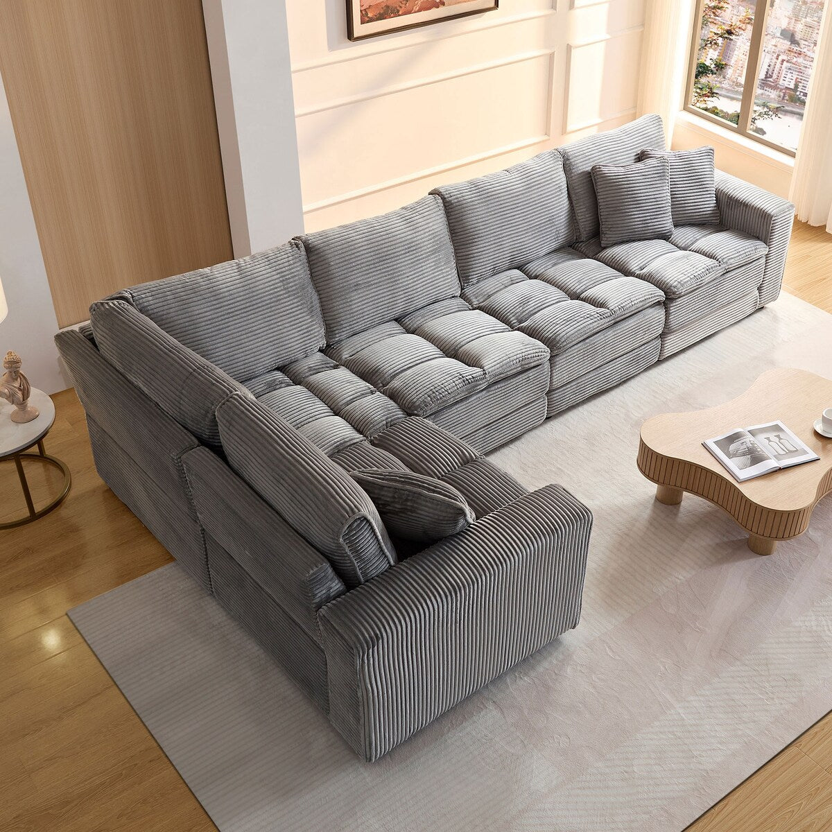 5 Seats Oversized Sectional Sofa L Shaped Corner Couch Corduroy Upholstery Convertible Sleeper Sofa&Couch, Yellow