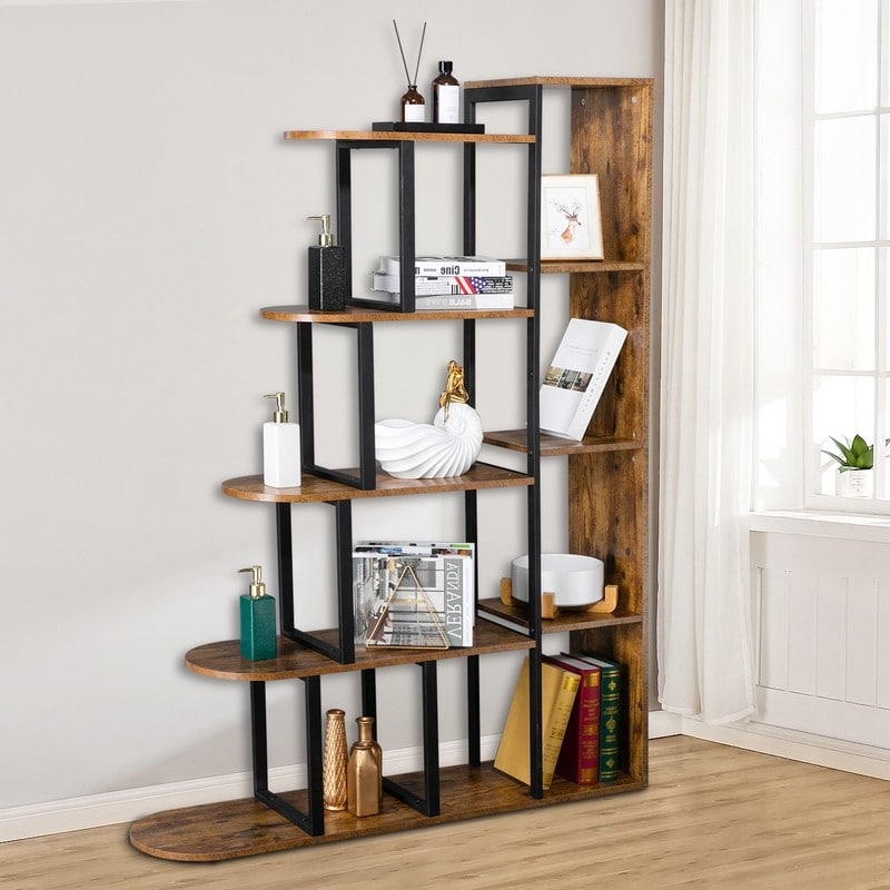 5 Shelf Geometric Bookcase Freestanding Corner Ladder Shelf