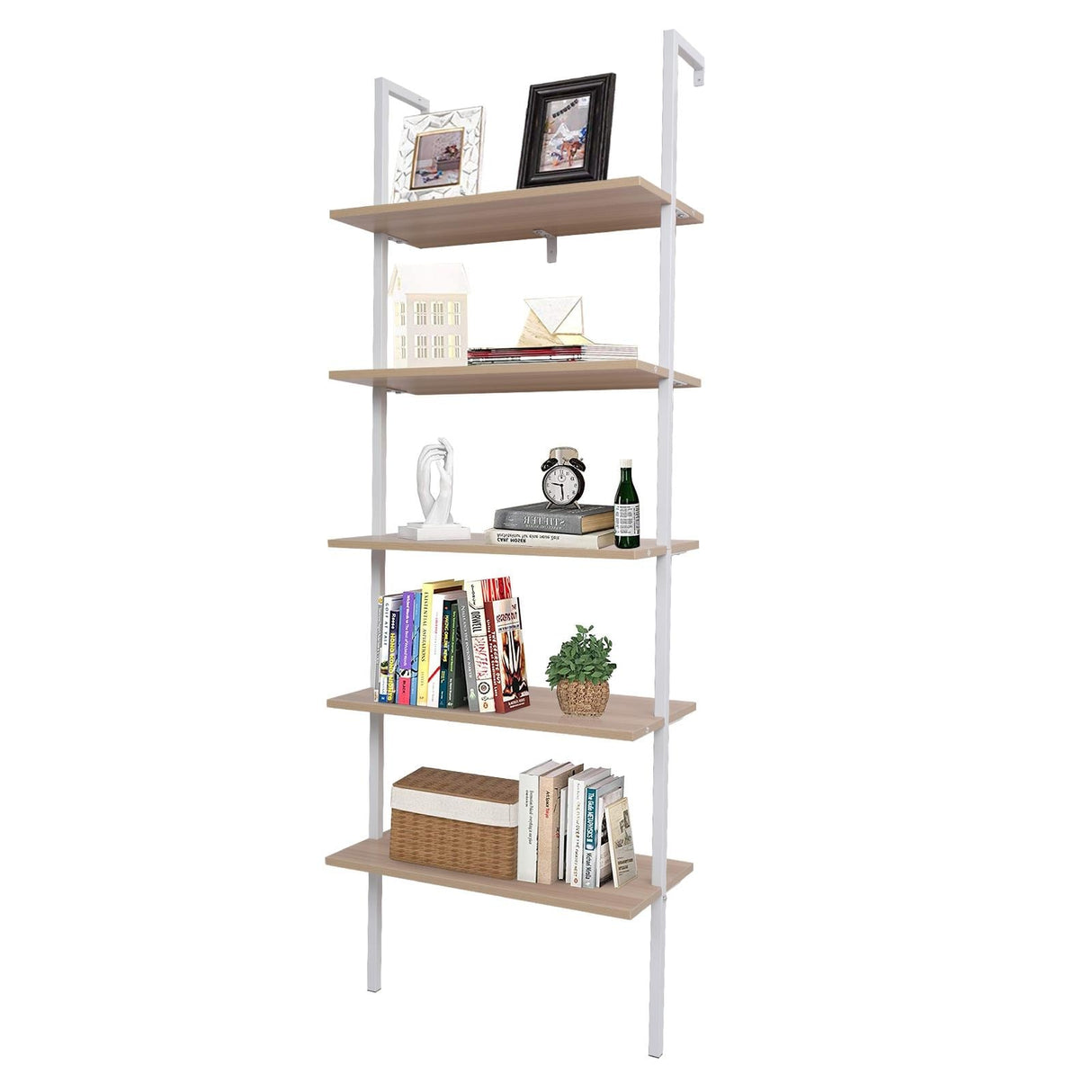 5-Shelf Wood Ladder Bookcase with Metal Frame Wall Mount Book Shelf