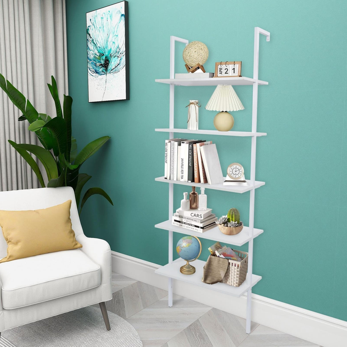 5-Shelf Wood Ladder Bookcase with Metal Frame Wall Mount Book Shelf