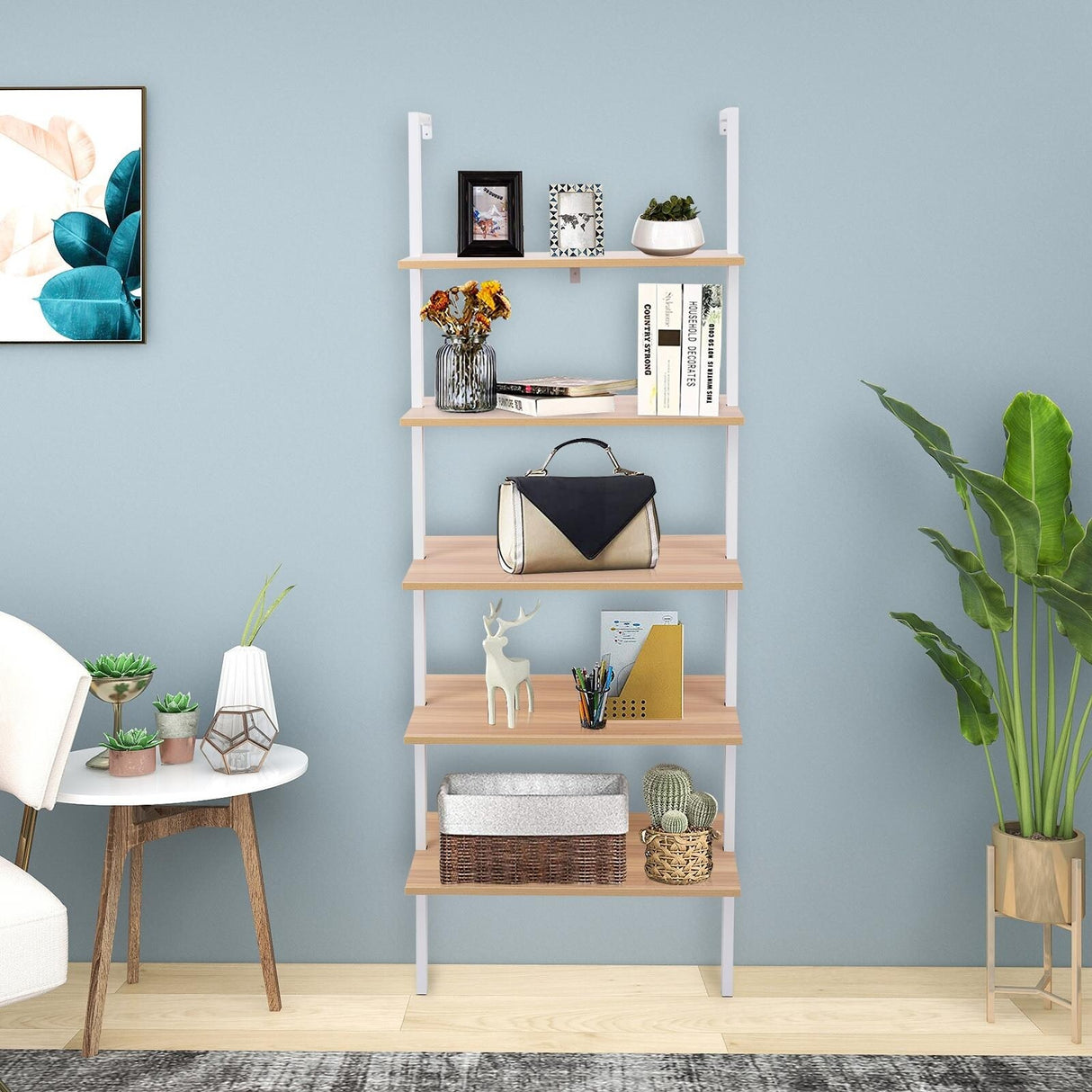 5-Shelf Wood Ladder Bookcase with Metal Frame Wall Mount Book Shelf