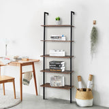 5-Shelf Wood Ladder Bookcase with Metal Frame Wall Mount Book Shelf