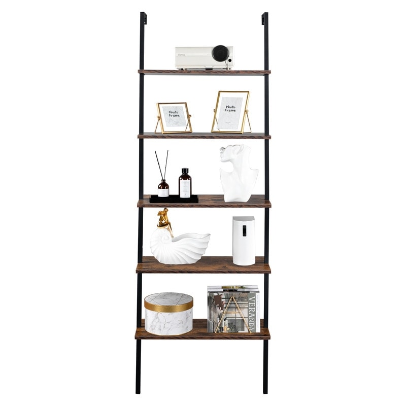 5-Shelf Wood Ladder Bookcase with Metal Frame Wall Mount Book Shelf