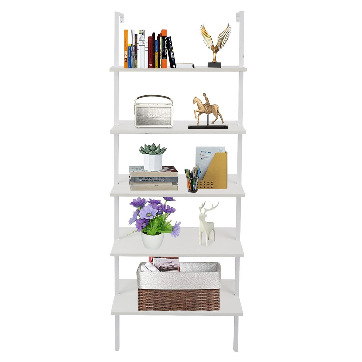 5-Shelf Wood Ladder Bookcase with Metal Frame Wall Mount Book Shelf