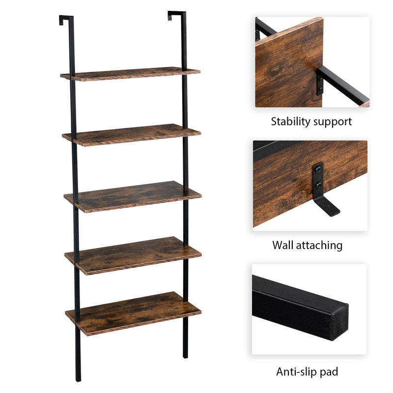 5-Shelf Wood Ladder Bookcase with Metal Frame Wall Mount Book Shelf