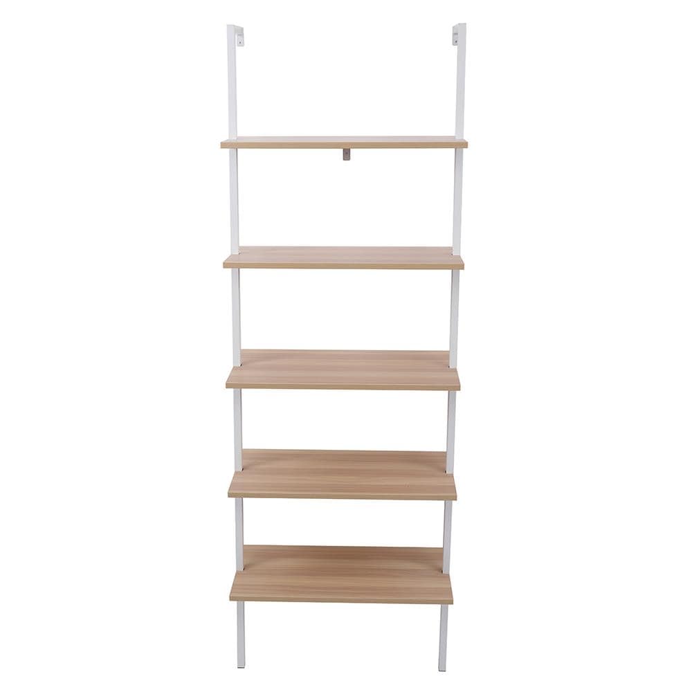 5-Shelf Wood Ladder Bookcase with Metal Frame Wall Mount Book Shelf