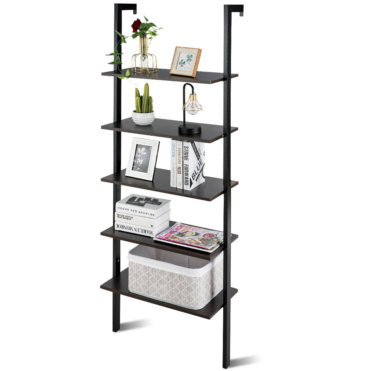 5-Shelf Wood Ladder Bookcase with Metal Frame