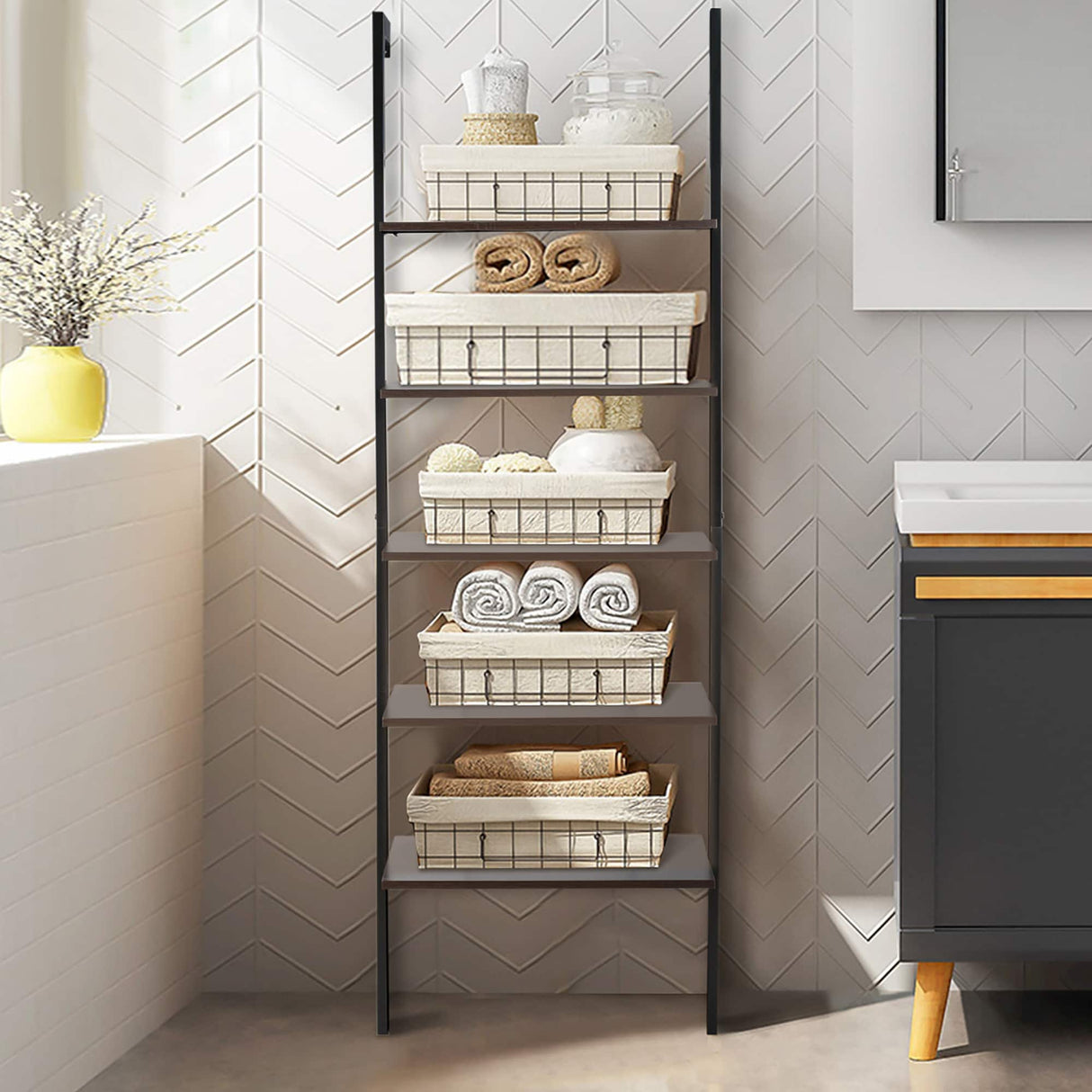 5-Shelf Wood Ladder Bookcase with Metal Frame