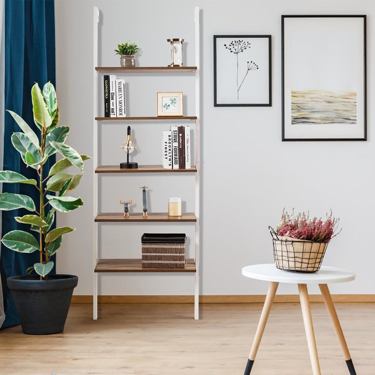 5-Shelf Wood Ladder Bookcase with Metal Frame