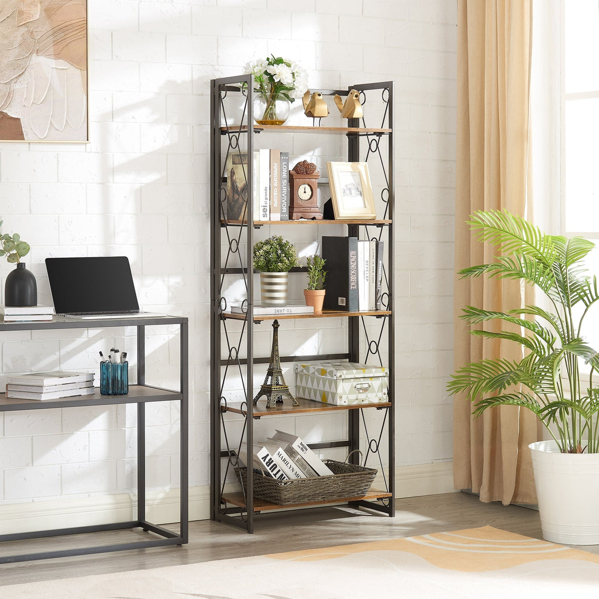 5-Shelves Bookshelf Industrial Folding Wooden Bookcase with Metal Fram