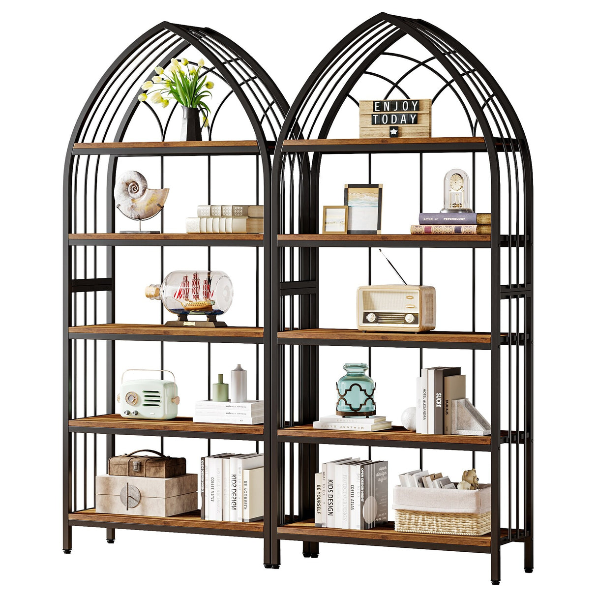 5-Tier Bookshelf Bookcase with Unique Bow Design Top for Home Office, Open Display Storage Shelf for Living Room