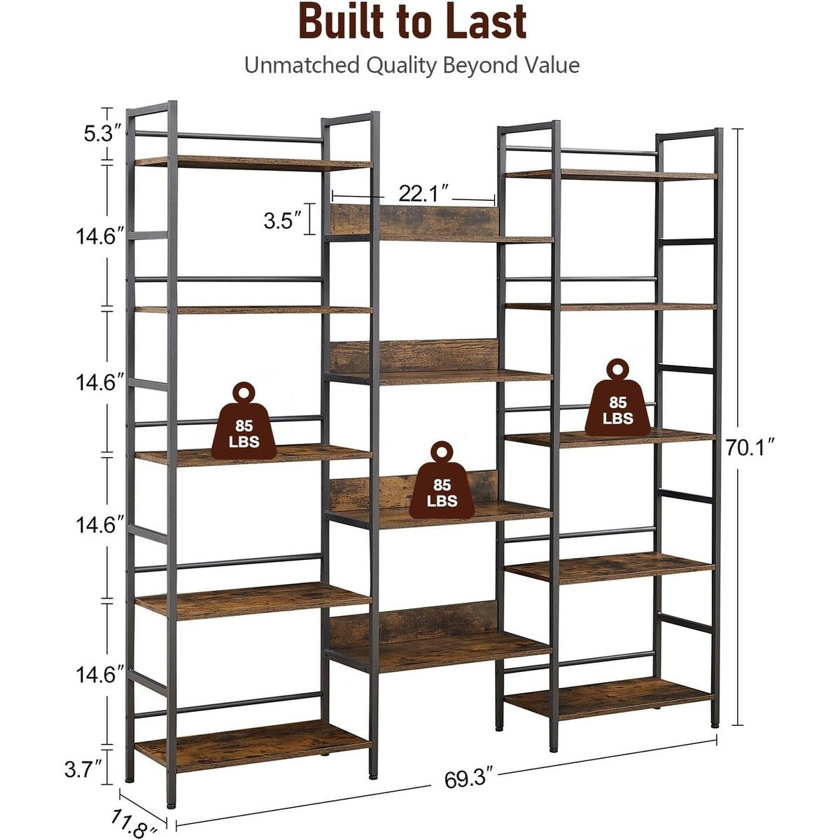 5 Tier Bookshelf Triple Wide Industrial Bookshelves and Bookcases, Large Open Display Shelf