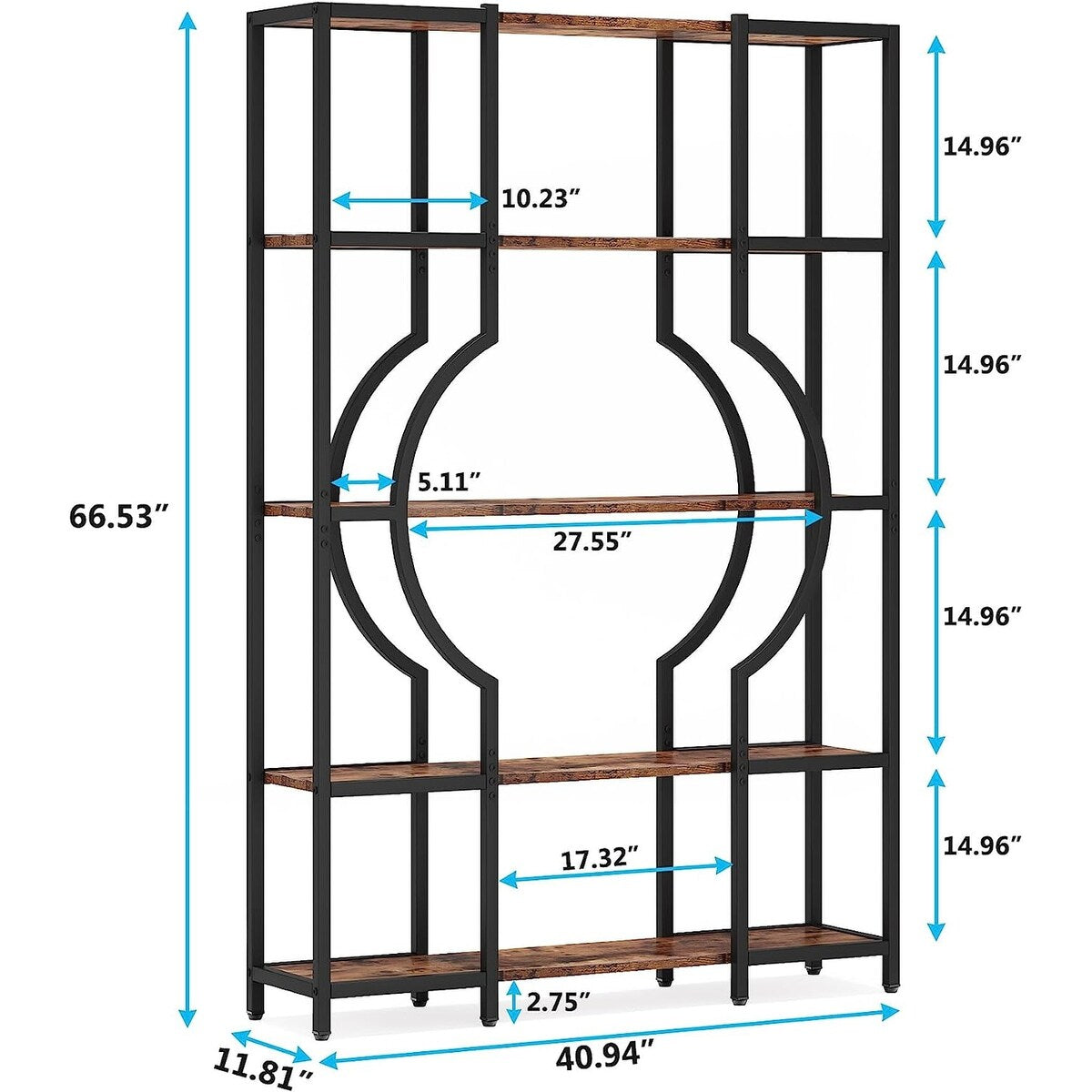 Bookshelf 5 Shelf Industrial Tall Bookcase for Living Room, Home Office