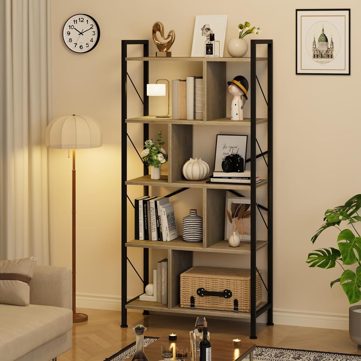 5 Tier Bookshelf with Storage,Book Shelf for Living Room