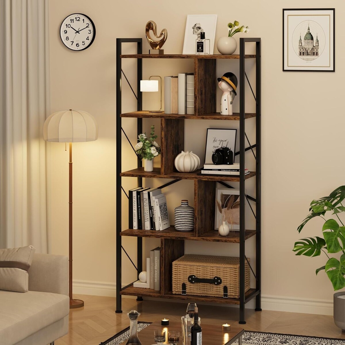 5 Tier Bookshelf with Storage,Book Shelf for Living Room