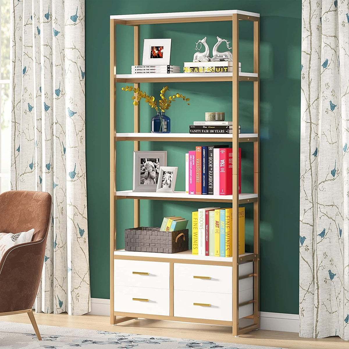 5-Tier Bookshelf, 70.9" Wooden Bookcase with 4 Storage Drawers
