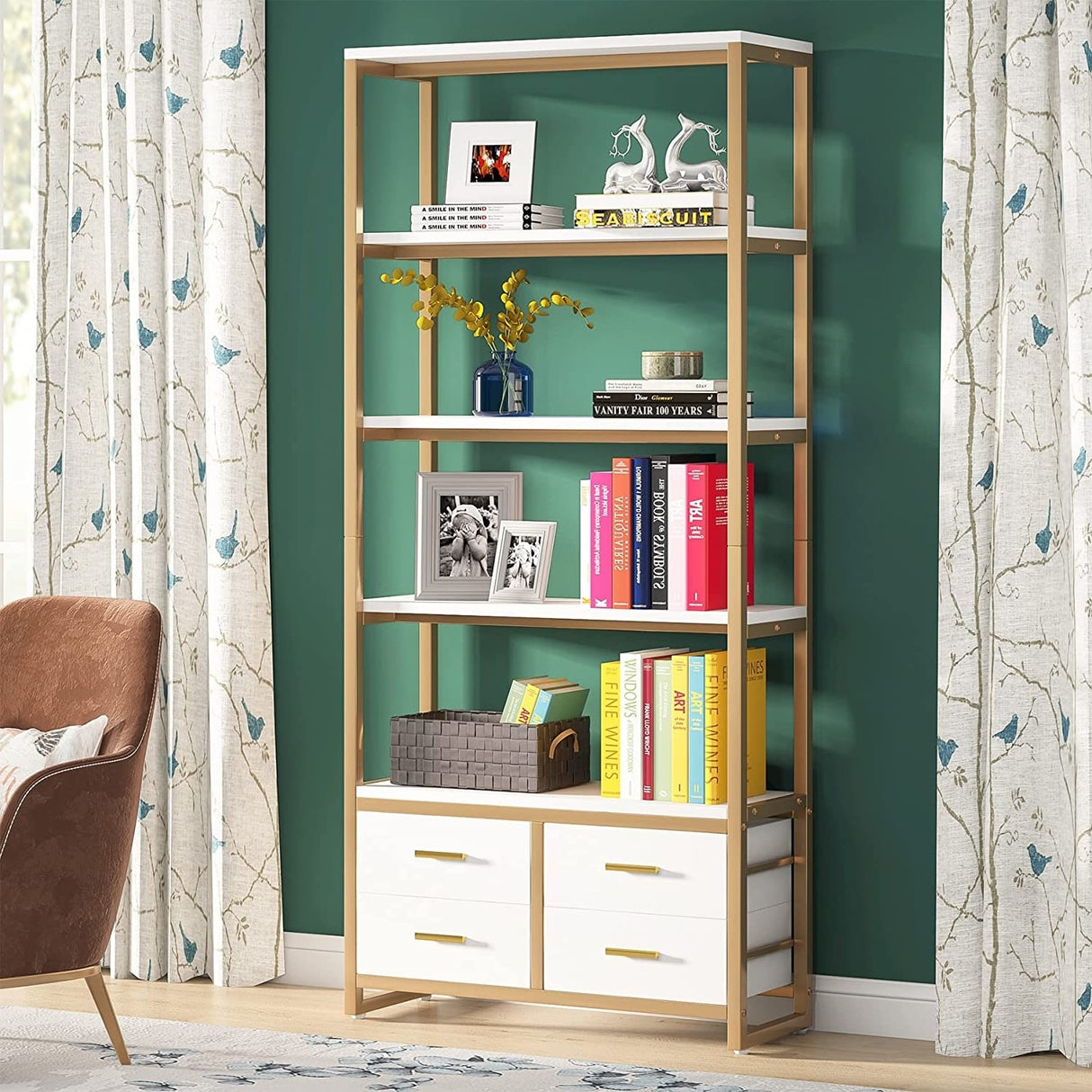 5-Tier Bookshelf, 70.9" Wooden Bookcase with 4 Storage Drawers