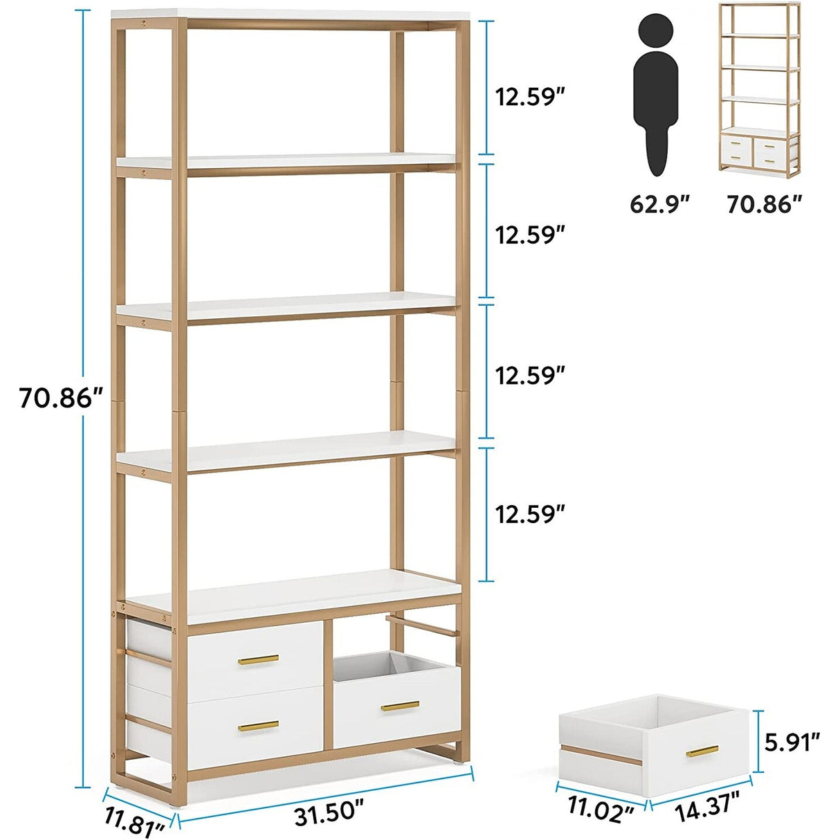 5-Tier Bookshelf, 70.9" Wooden Bookcase with 4 Storage Drawers